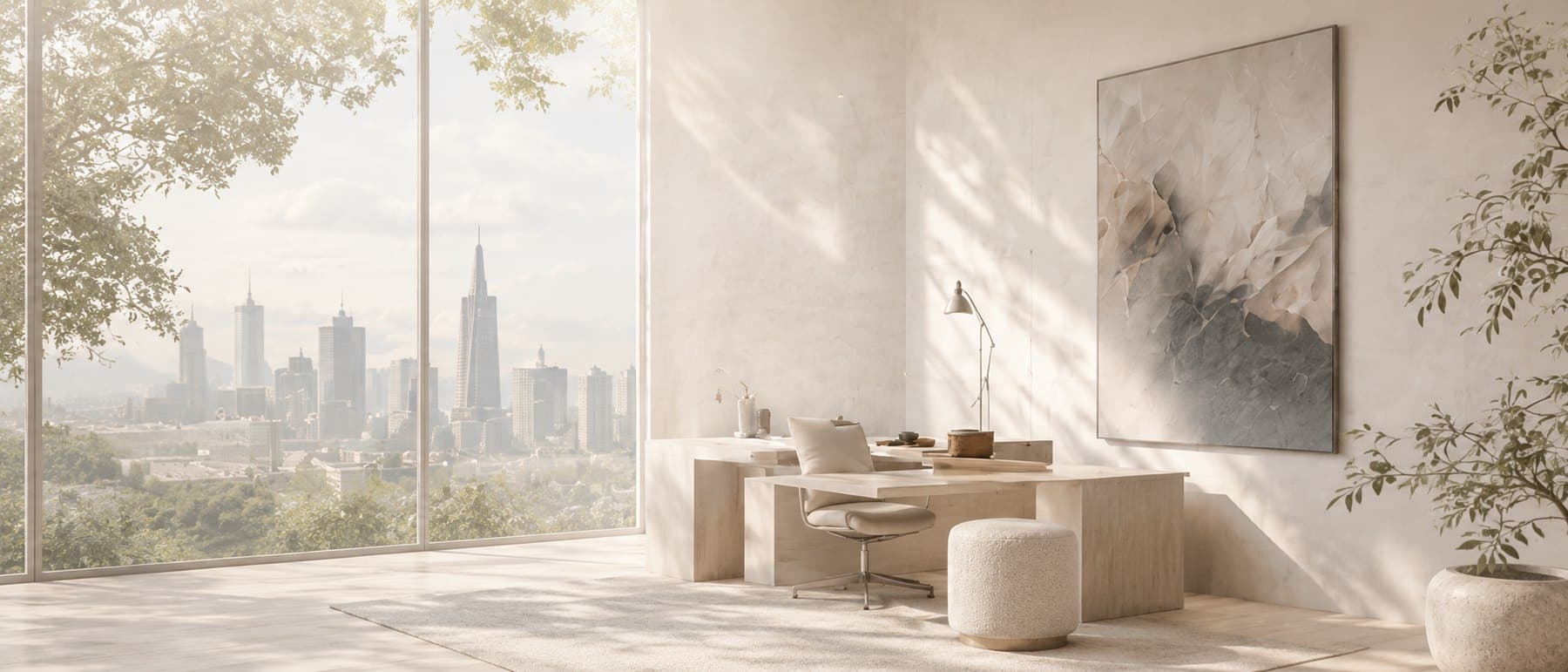 Sunlit interior with a city view, plant, and artwork