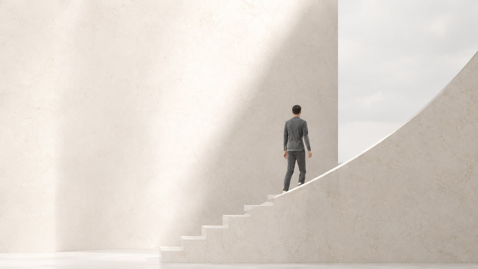 A figure ascending a curved staircase